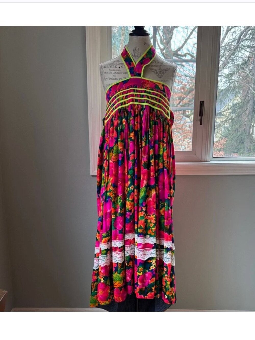 Handmade vintage psychedelic Dayglow floral bark cloth halter dress midi S/M - Picture 2 of 10